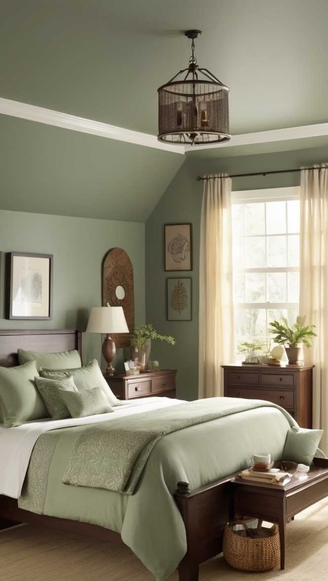 sage green walls, sage green decor, dark green bedroom, green bedroom ideas, dark sage bedroom