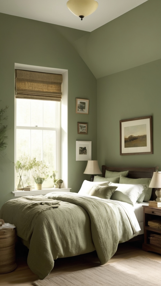 sage green walls, sage green decor, dark green bedroom, green bedroom ideas, dark sage bedroom