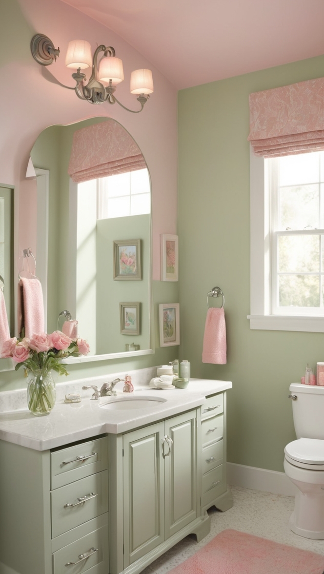 pink bathroom decor, sage green accessories, bathroom renovation ideas, pastel color scheme, luxurious bath products