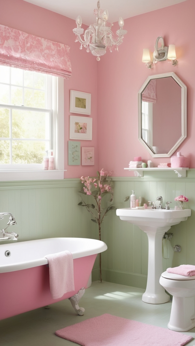 pink bathroom decor, sage green accessories, bathroom renovation ideas, pastel color scheme, luxurious bath products