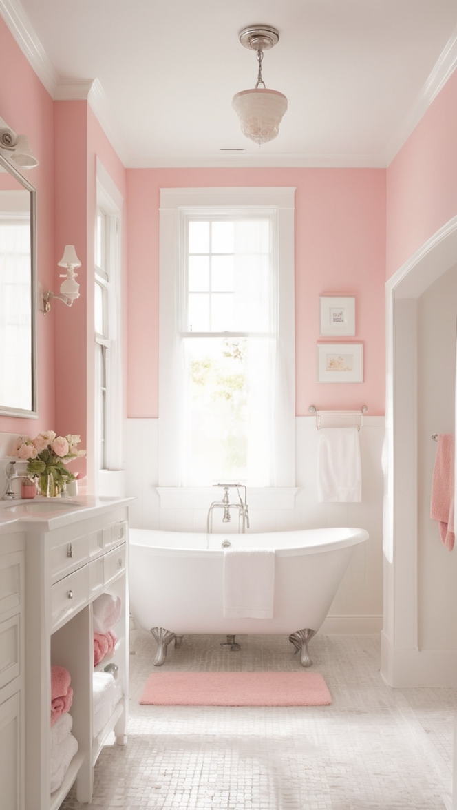 pink bathroom decor, white bathroom tiles, marble bathroom vanity, blush pink towels, modern white bathroom suites