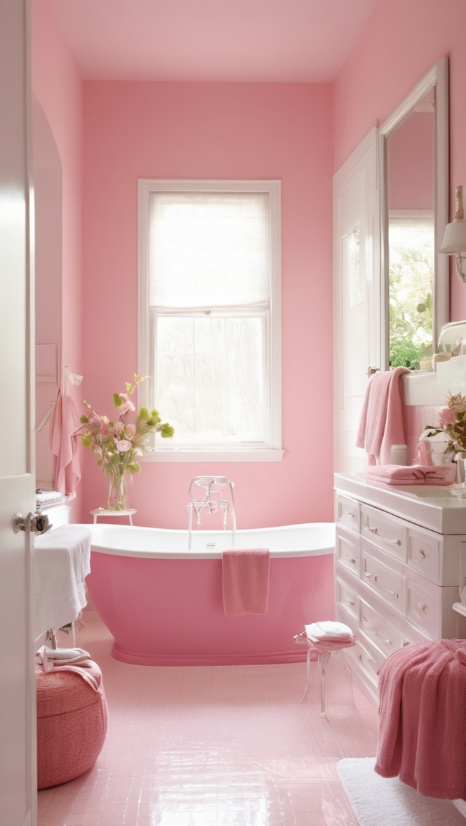 pink bathroom decor, white bathroom tiles, marble bathroom vanity, blush pink towels, modern white bathroom suites