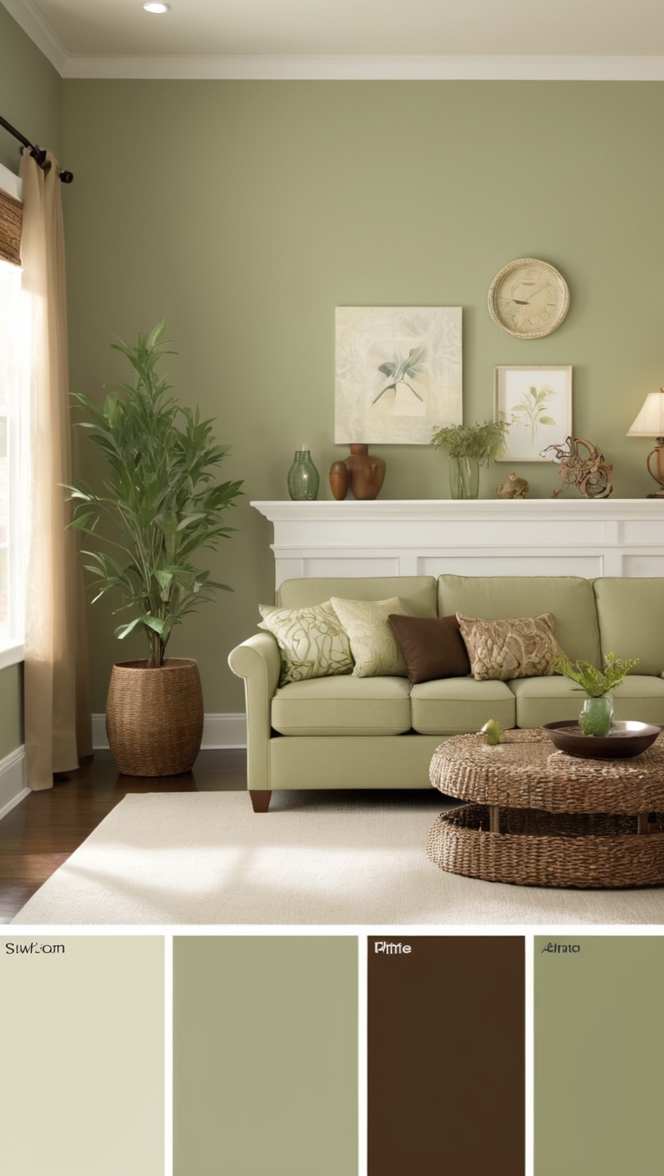 green living room decor, brown sofa decor, sage green walls, earth tone decor, cozy living room ideas