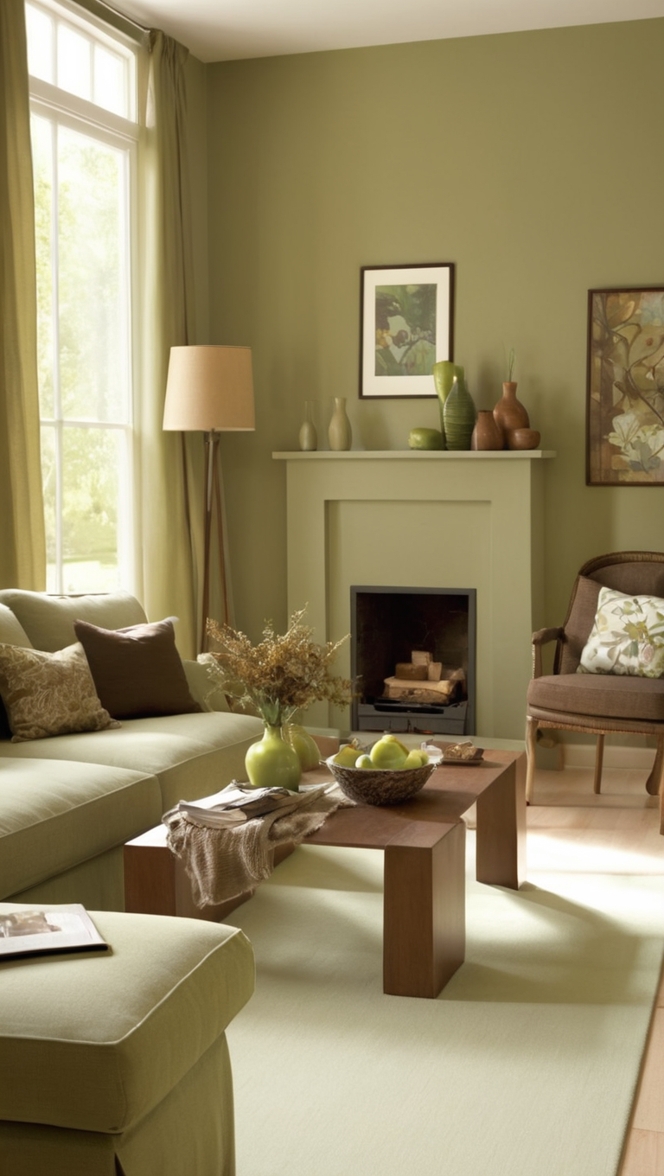 green living room decor, brown sofa decor, sage green walls, earth tone decor, cozy living room ideas