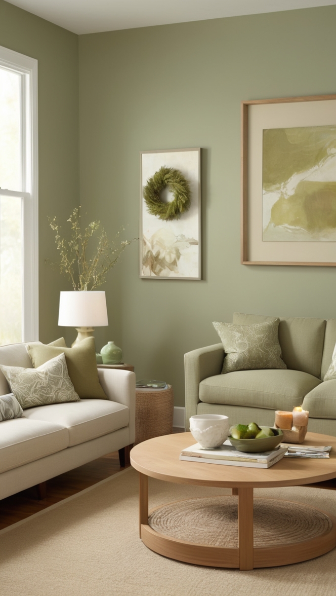 sage green sofa, oak coffee table, green curtains, sage green walls, oak bookshelf