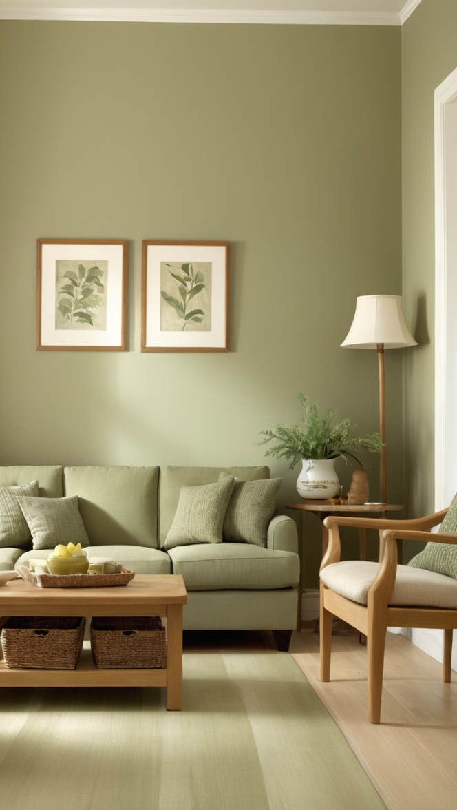 sage green sofa, oak coffee table, green curtains, sage green walls, oak bookshelf