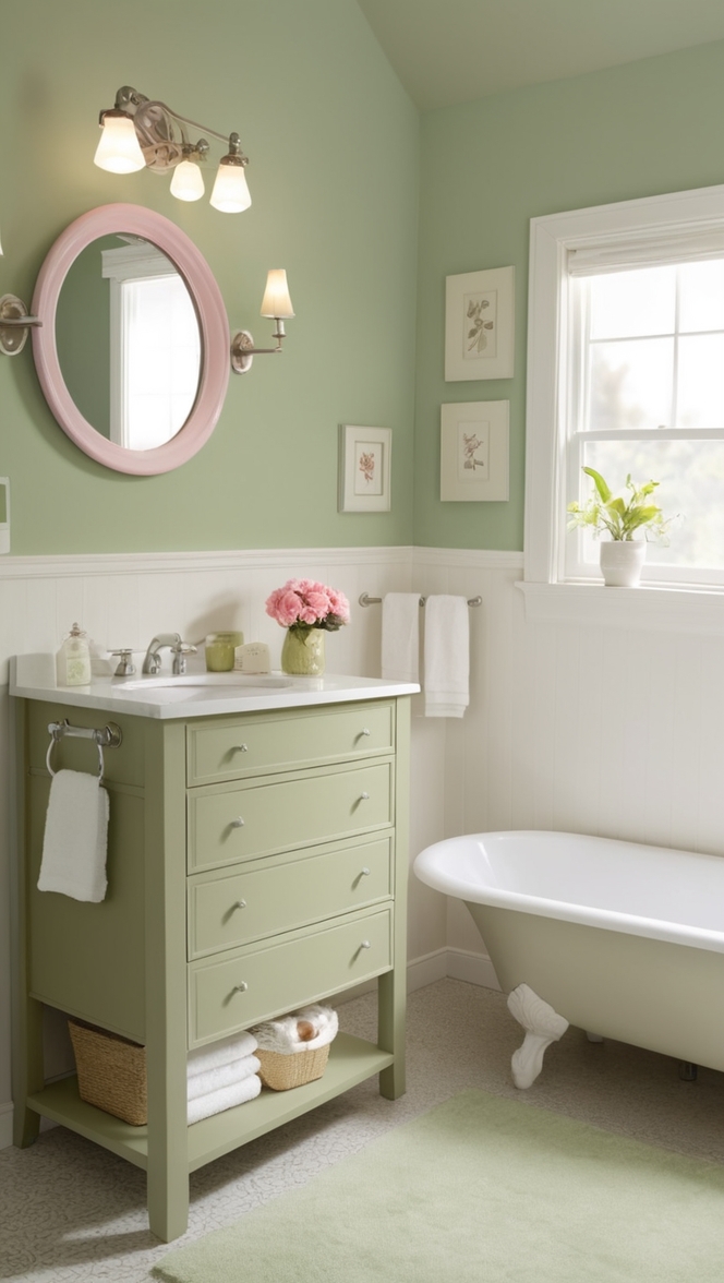 sage green bath towels, pink bathroom accessories, sage green shower curtain, pink bath mats, sage green hand towels