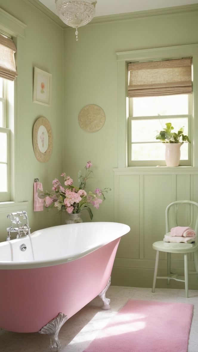 sage green bath towels, pink bathroom accessories, sage green shower curtain, pink bath mats, sage green hand towels