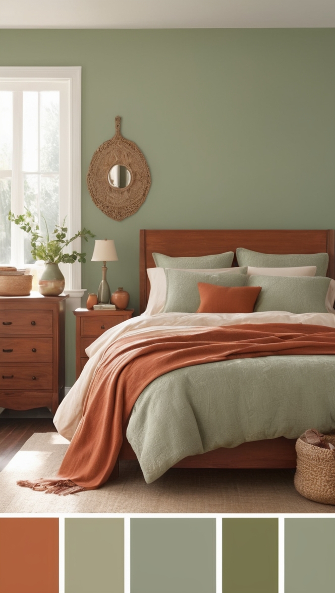 sage green bedroom ideas, terracotta bedroom decor, earthy bedroom color palette, serene green bedroom, warm terracotta accents