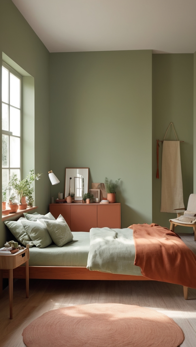 sage green bedroom ideas, terracotta bedroom decor, earthy bedroom color palette, serene green bedroom, warm terracotta accents