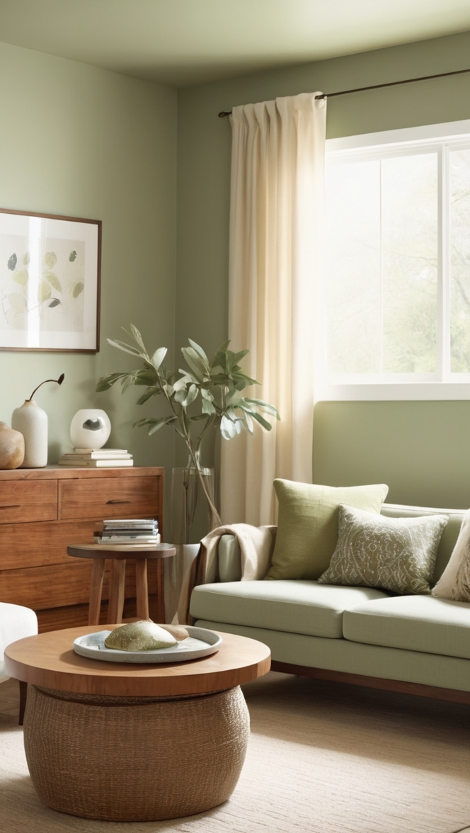 sage green living room, wood design, eco-friendly decor, natural elements, rustic chic