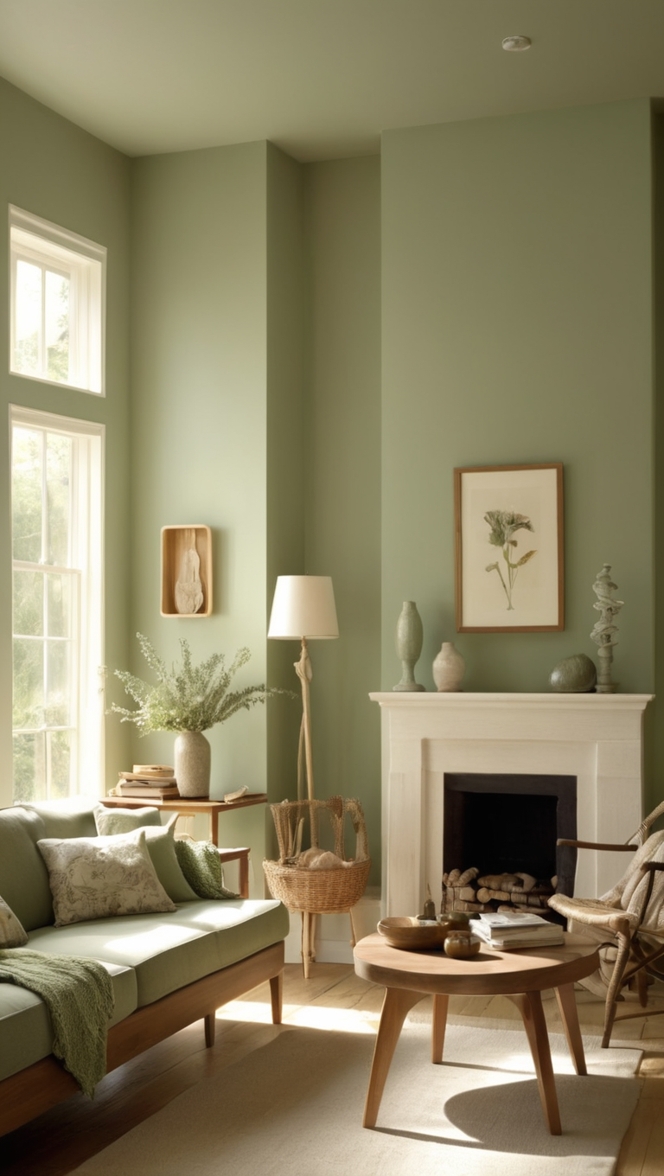 sage green living room, wood design, eco-friendly decor, natural elements, rustic chic