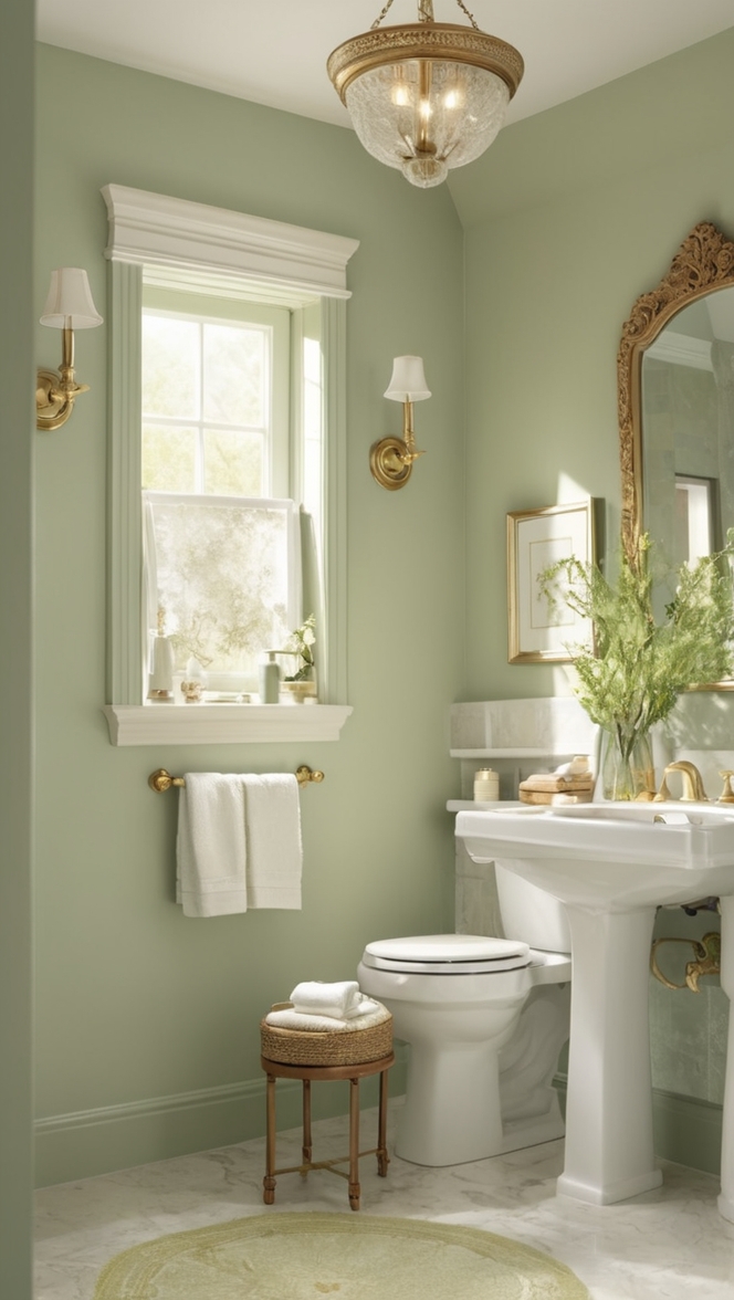 green bathroom decor, gold bathroom accessories, luxury bathroom design, sage green bath towels, elegant bathroom fixtures
