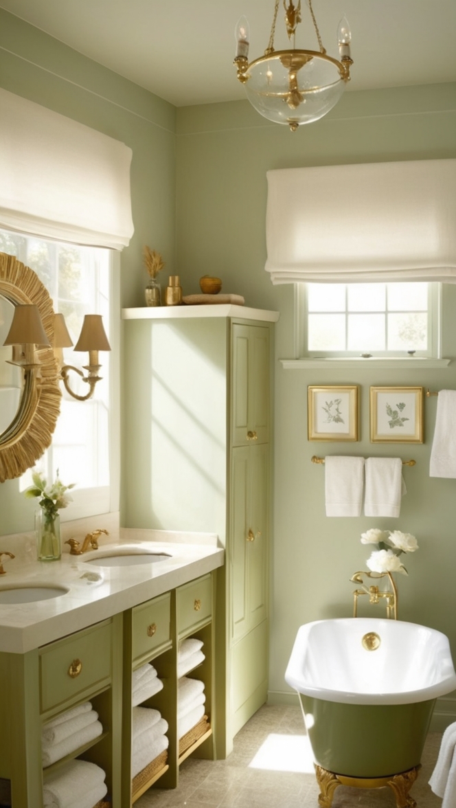 green bathroom decor, gold bathroom accessories, luxury bathroom design, sage green bath towels, elegant bathroom fixtures