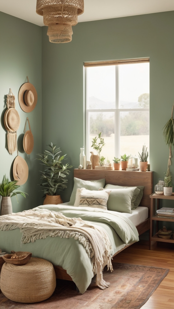 sage green bedroom decor, boho bedroom furniture, sage green bedding, boho chic bedroom, sage green wall art