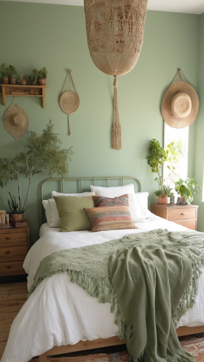 sage green bedroom decor, boho bedroom furniture, sage green bedding, boho chic bedroom, sage green wall art