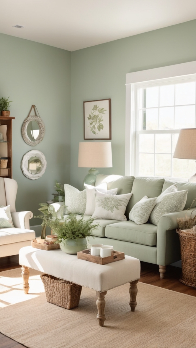 rustic farmhouse decor,sage green living room ideas,country farmhouse style decor,sage green home decor,cozy farmhouse living room