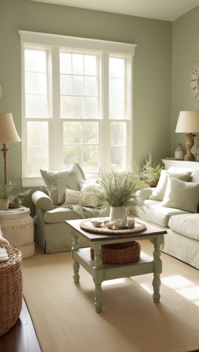rustic farmhouse decor,sage green living room ideas,country farmhouse style decor,sage green home decor,cozy farmhouse living room