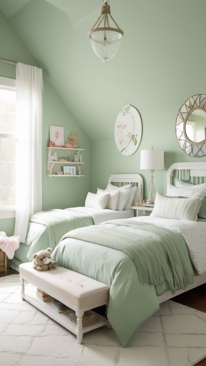 sage green bedroom decor, sage green bedding, girls bedroom ideas, sage green curtains, girls room decoration