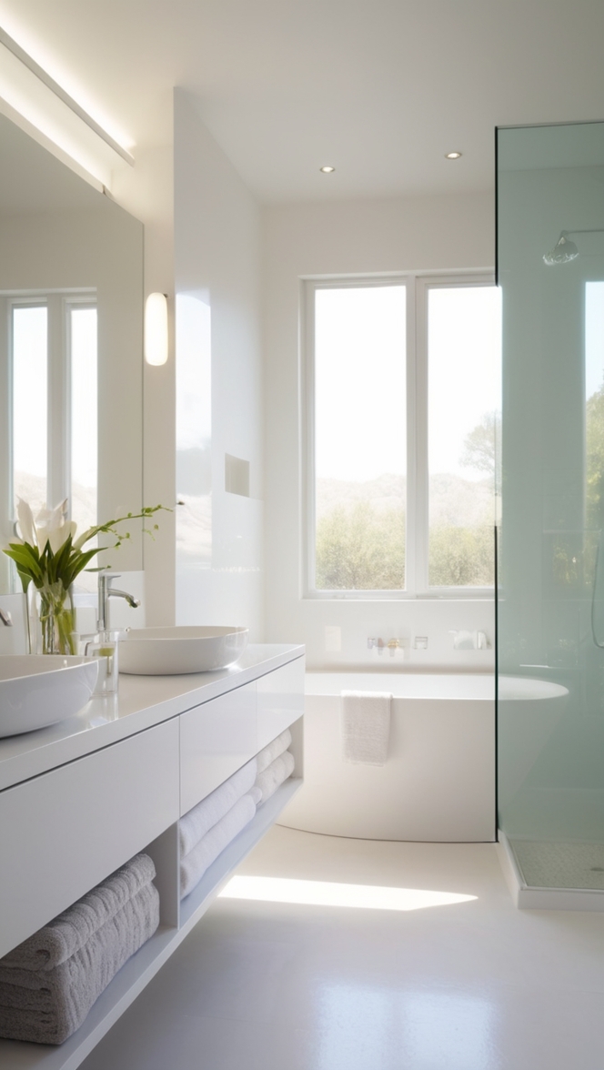 white bathroom tiles, modern bathroom design, luxury bathroom renovation, contemporary bathroom fixtures, elegant bathroom vanity