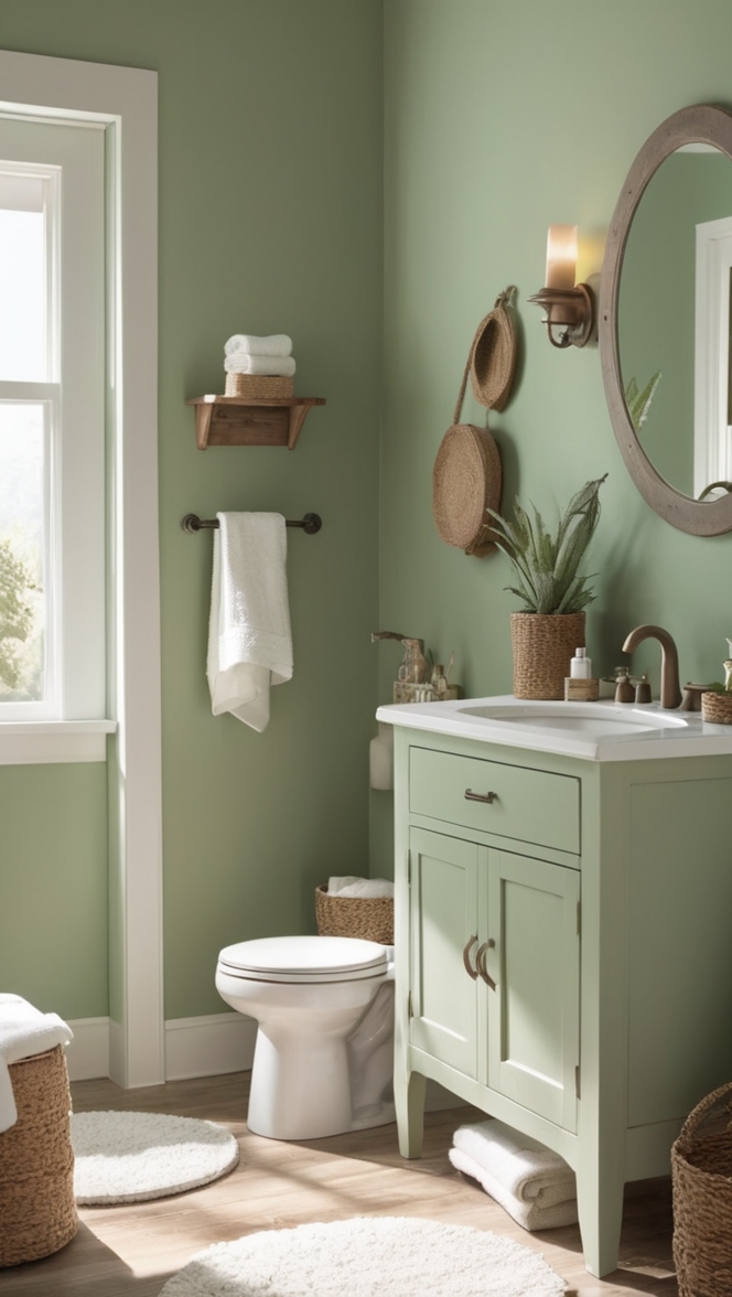 bohemian bathroom decor, sage green tiles, eclectic bathroom design, boho chic shower curtain, minimalist bathroom accessories