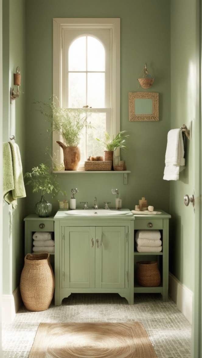 bohemian bathroom decor, sage green tiles, eclectic bathroom design, boho chic shower curtain, minimalist bathroom accessories