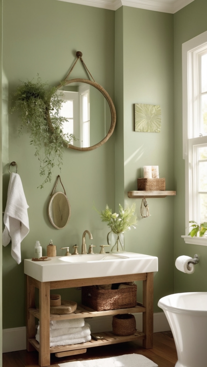 boho bathroom decor, boho bathroom ideas, sage green bathroom, boho style bathroom, green bathroom accessories