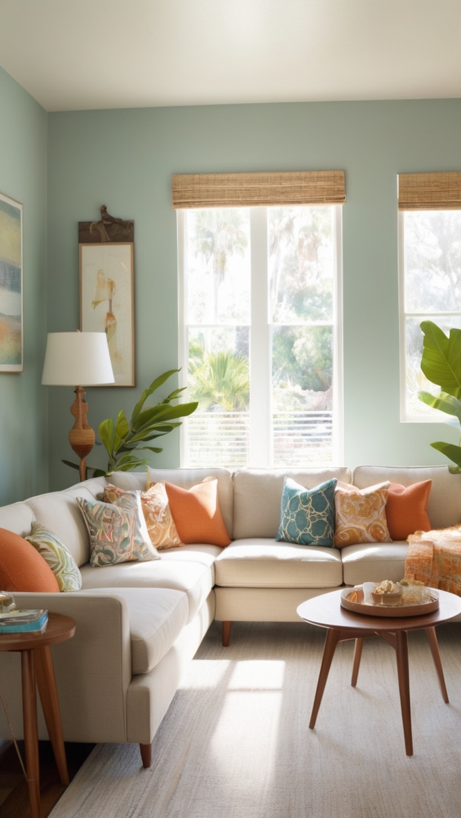 coastal living room design, mid century modern decor, coastal furniture, modern living room ideas, mid century style