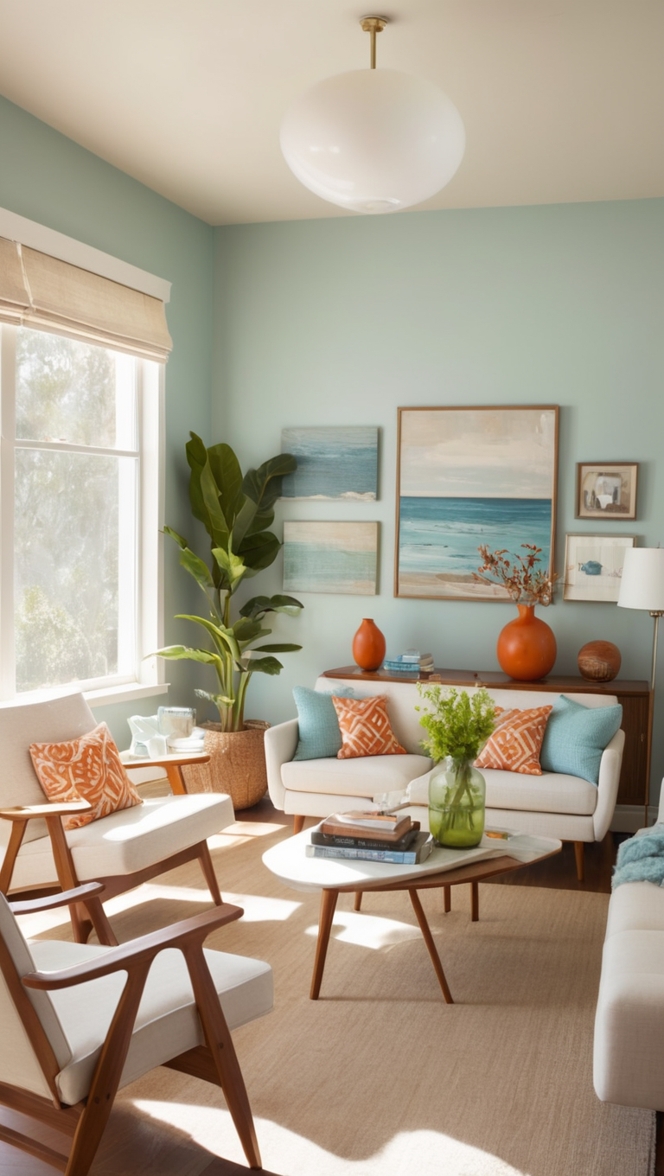 coastal living room design, mid century modern decor, coastal furniture, modern living room ideas, mid century style