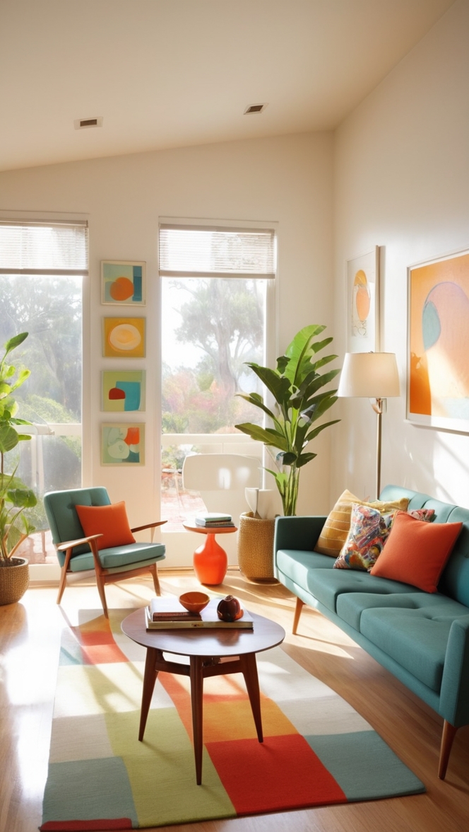 mid century modern furniture, mid century modern decor, modern living room decor, mid century modern rugs, retro living room ideas