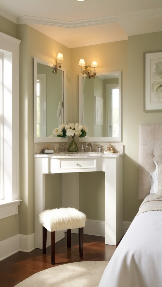 corner vanity, modern corner vanity, corner vanity table, small corner vanity, corner vanity design