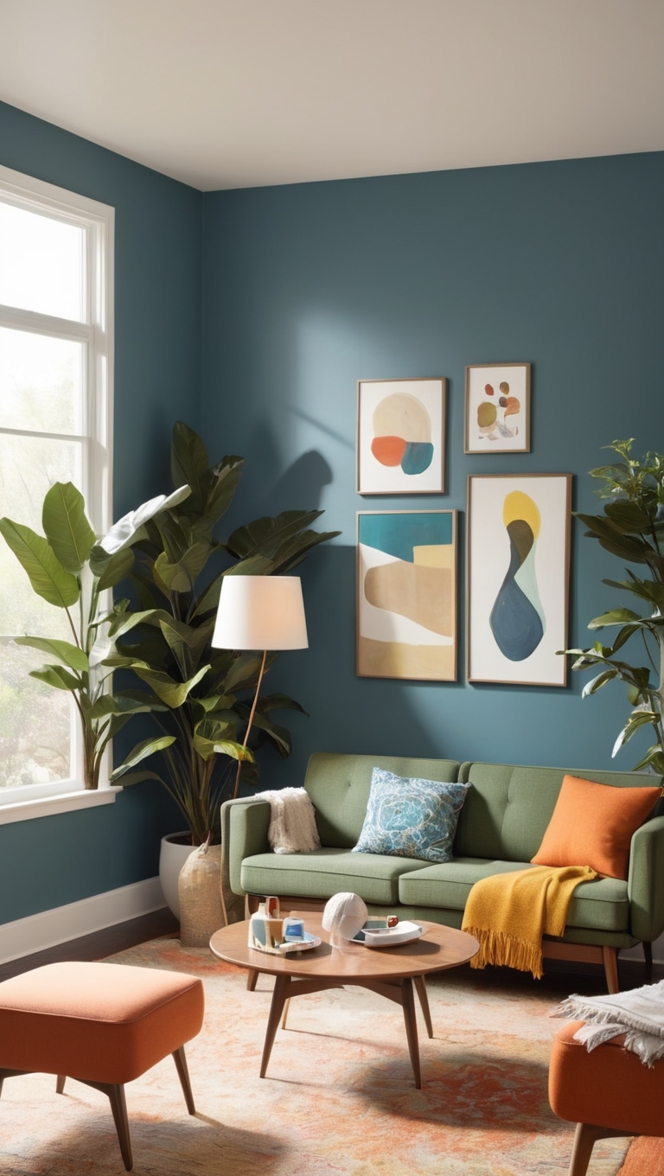 mid century modern sofa, living room furniture, retro home decor, modern lighting fixtures, contemporary wall art