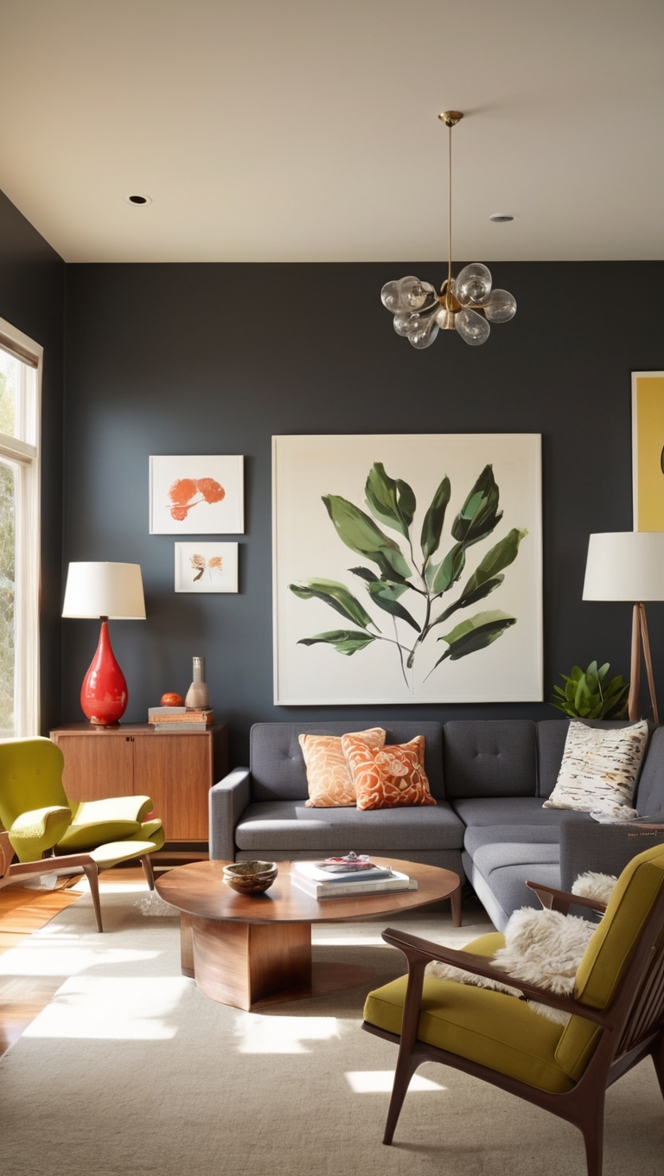 mid century modern sofa, living room furniture, retro home decor, modern lighting fixtures, contemporary wall art