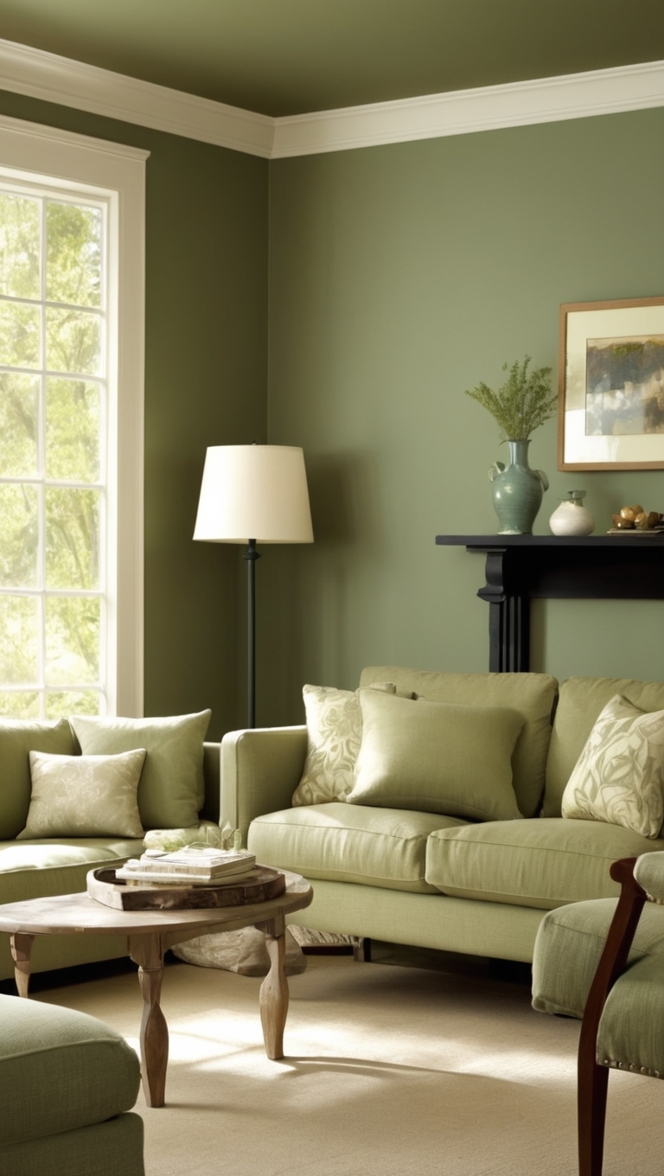 dark green living room decor, sage green interior design, modern green living room, elegant green decor, trendy green living spaces