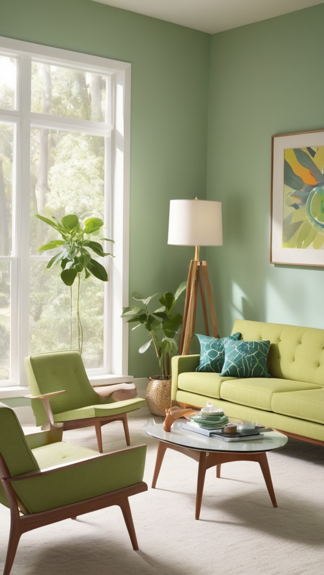 green living room decor, mid century modern sofa, vintage home decor, retro furniture, modern interior design