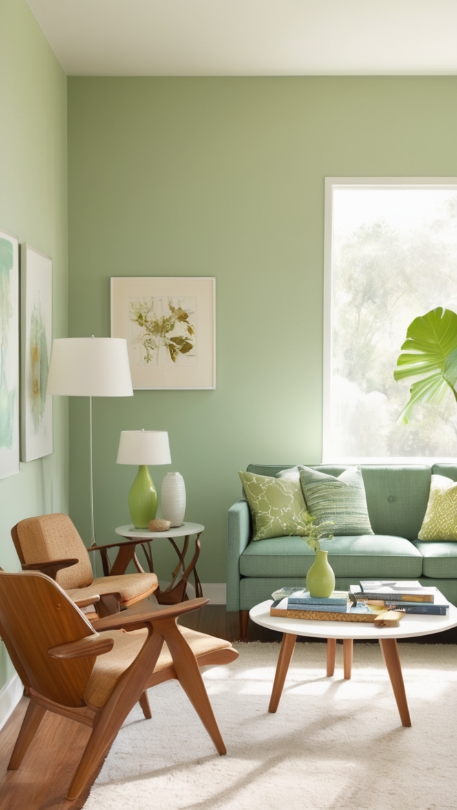 modern green living room, mid century modern design, stylish living room decor, retro furniture, chic mid century decor