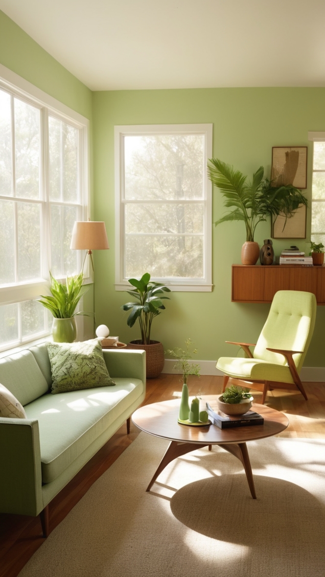 green living room decor, mid century modern sofa, vintage home decor, retro furniture, modern interior design