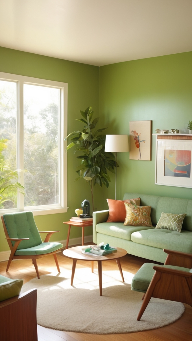 modern green living room, mid century modern design, stylish living room decor, retro furniture, chic mid century decor