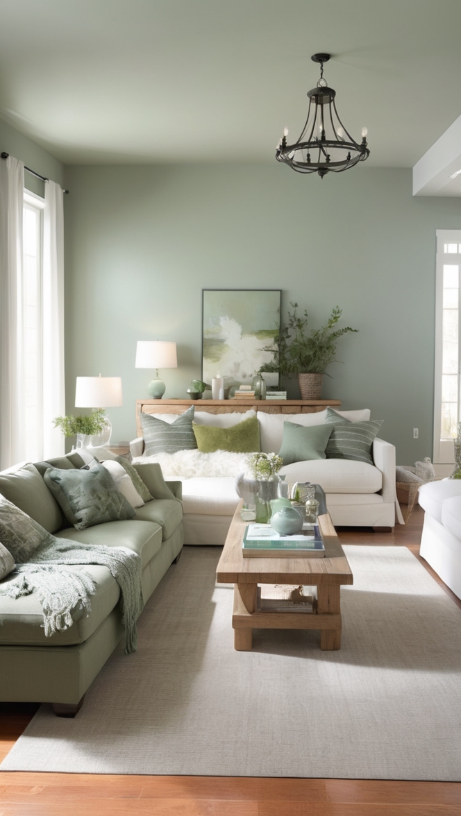 sage green furniture, grey living room decor, modern sage green room, elegant grey and green space, chic grey and sage room