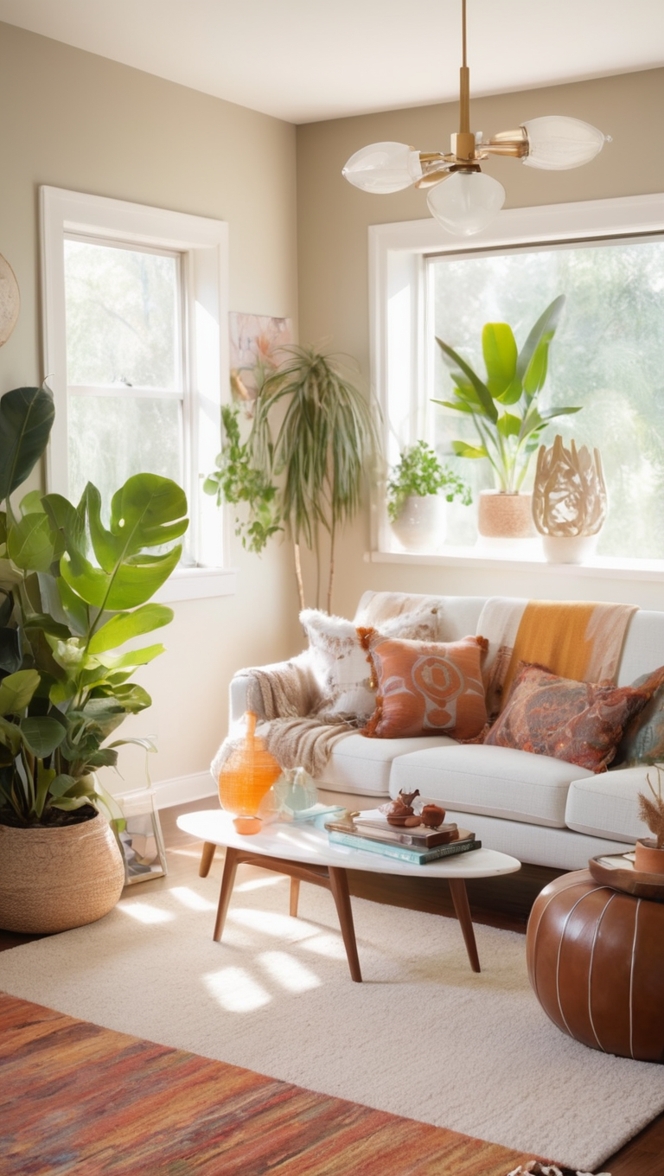 mid century modern furniture, boho decor, retro living room, modern bohemian, vintage home design