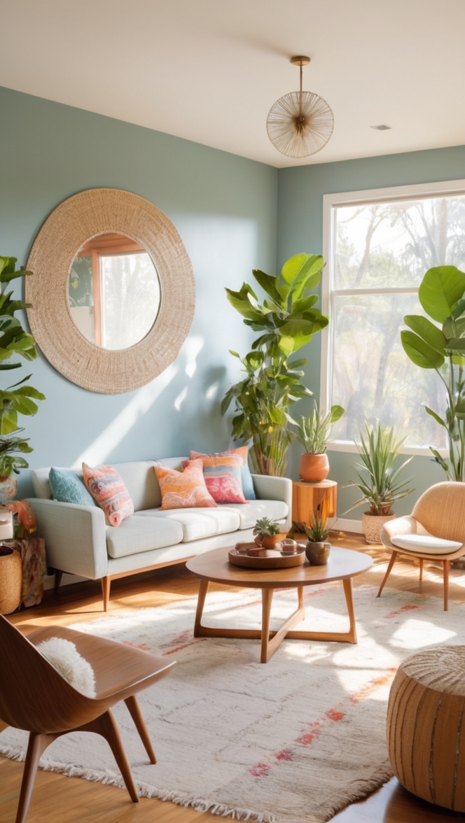 mid century modern furniture, boho decor, retro living room, modern bohemian, vintage home design