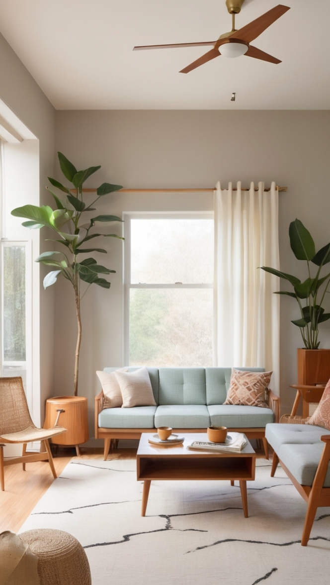 mid century modern furniture, japandi decor, living room design, Scandinavian interior, modern Japanese style.