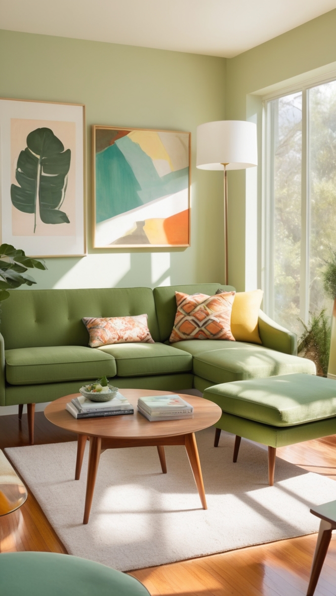 mid century modern furniture, modern living room decor, green sofa design, mid century style, retro living room
