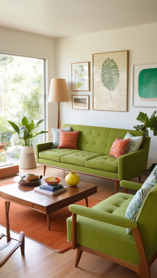 mid century modern furniture, modern living room decor, green sofa design, mid century style, retro living room