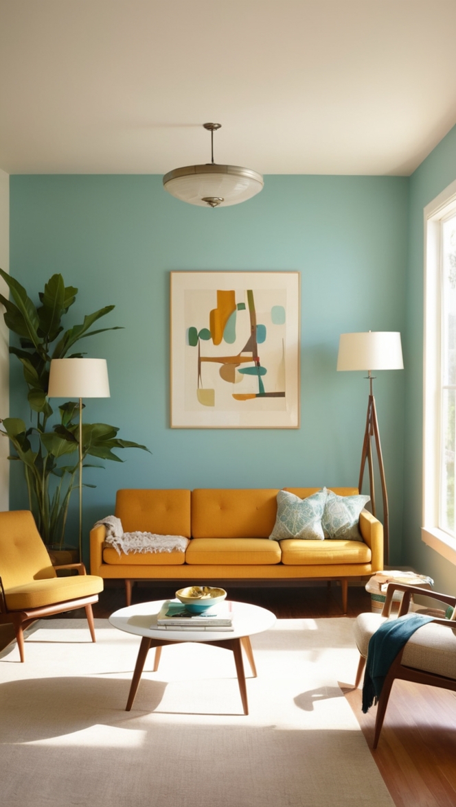 mid century modern living room, home decor ideas, interior design trends, retro furniture, vintage aesthetic