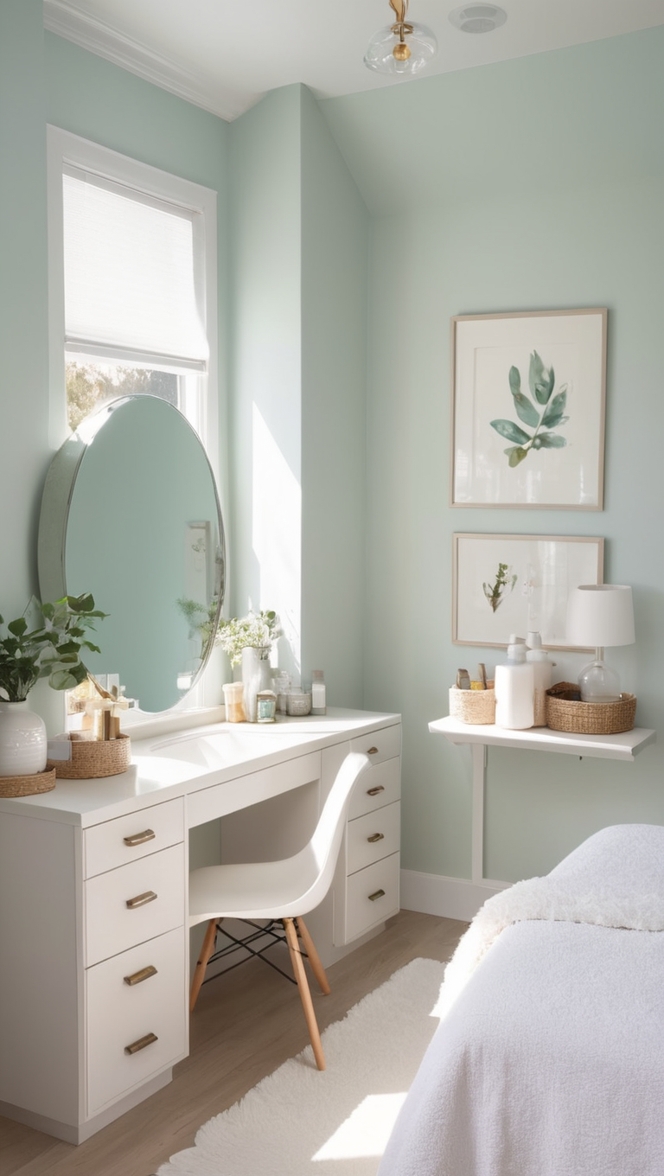 minimalist bedroom decor, modern vanity design, simple bedroom vanity, contemporary makeup vanity, sleek dressing table