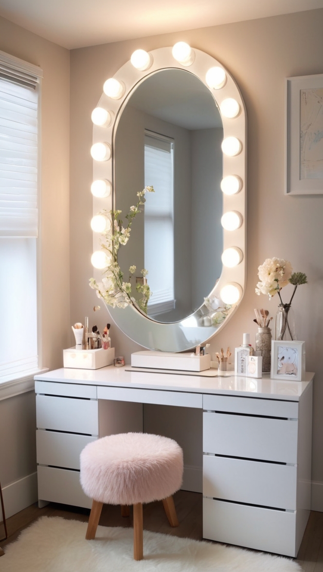 minimalist bedroom decor, modern vanity design, simple bedroom vanity, contemporary makeup vanity, sleek dressing table