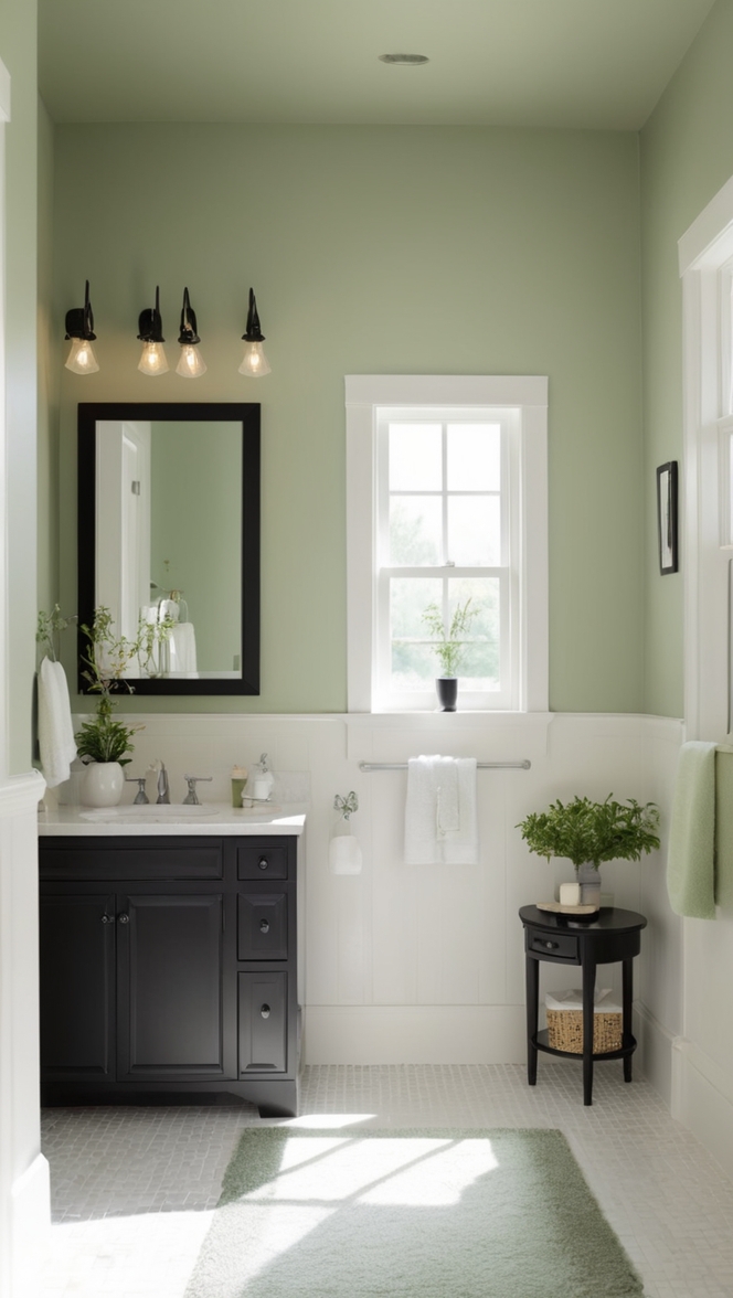 sage green tiles, black vanity, luxury bathroom decor, modern black fixtures, sage green walls
