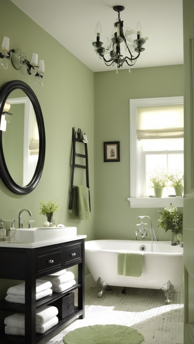 sage green tiles, black vanity, luxury bathroom decor, modern black fixtures, sage green walls