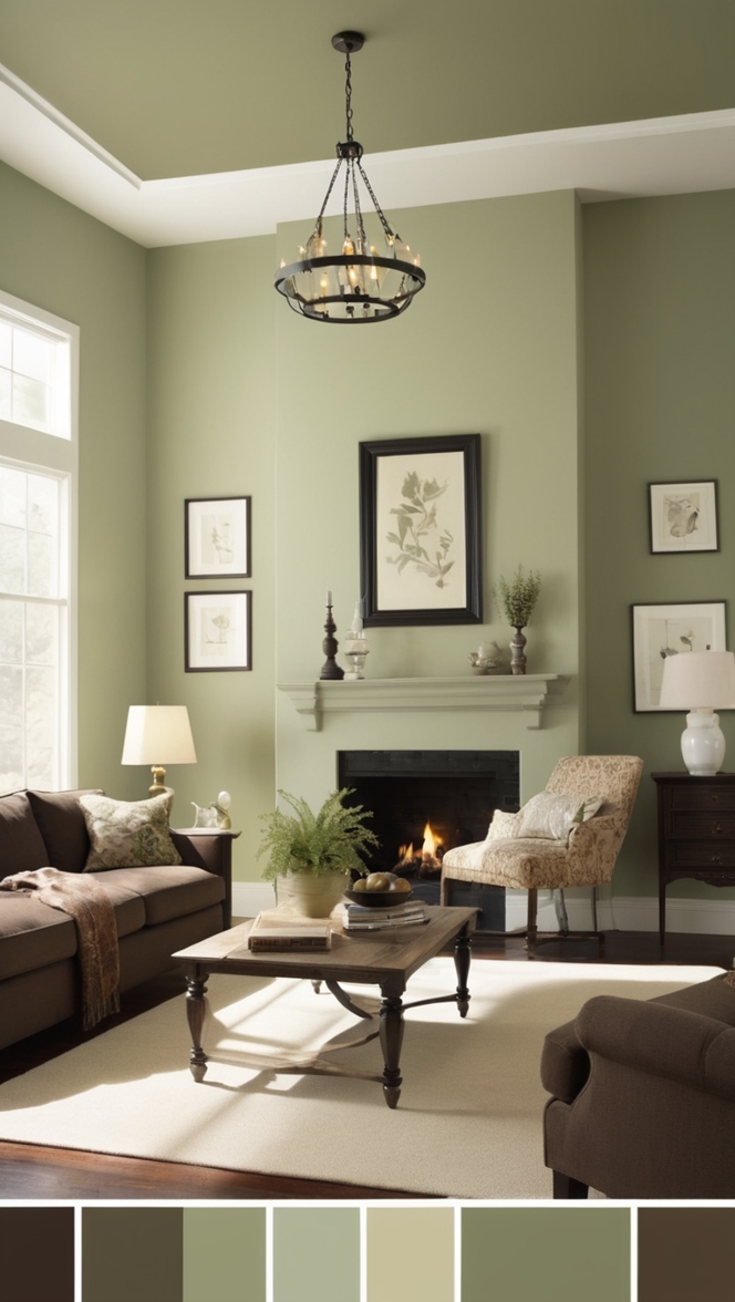 sage green sofa,
dark brown furniture,
living room decor ideas,
sage green walls,
dark brown couch
